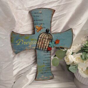 * H & H Designs, Christian Cross Blue Made of Wood Teal Turquoise Wire Bird Cage